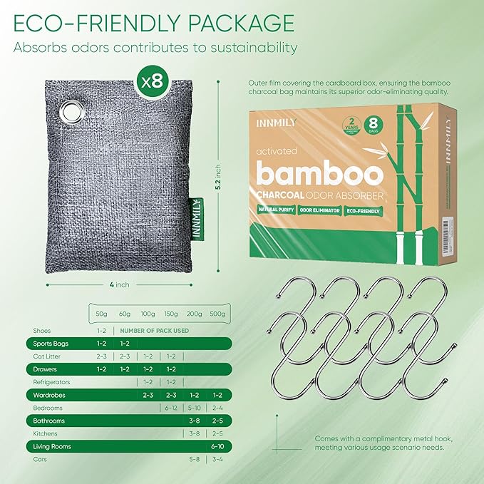 Activated Charcoal Odor Absorber, Odor Eliminator for Strong Odor,Bamboo Charcoal Air Purifying Bags for Home Car Closet Pet, Smoke Room Deodorizer (8 x 60g, Unscented)-CasaMuseHome