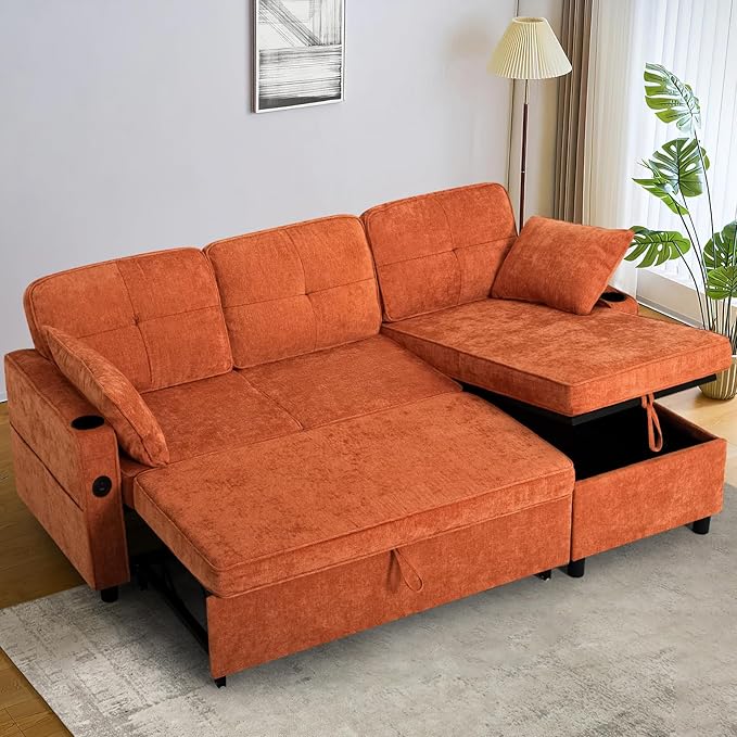 84 Inches Chenille Sectional Sofa w/Pull-Out Sofa Bed & Adjustable Back, Tufted L-Shaped Couch w/Storage Chaise, Sleeper Sectional Sofa w/USB Port & Cup Holders for Living Room, Orange-CasaMuseHome