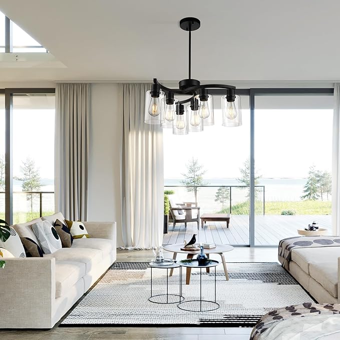 6-Light Modern Farmhouse Black Chandelier, Contemporary Dining Room Light Fixture, Adjustable Height Hanging Industrial Pendant Lights Kitchen Island, Clear Glass Shade-CasaMuseHome