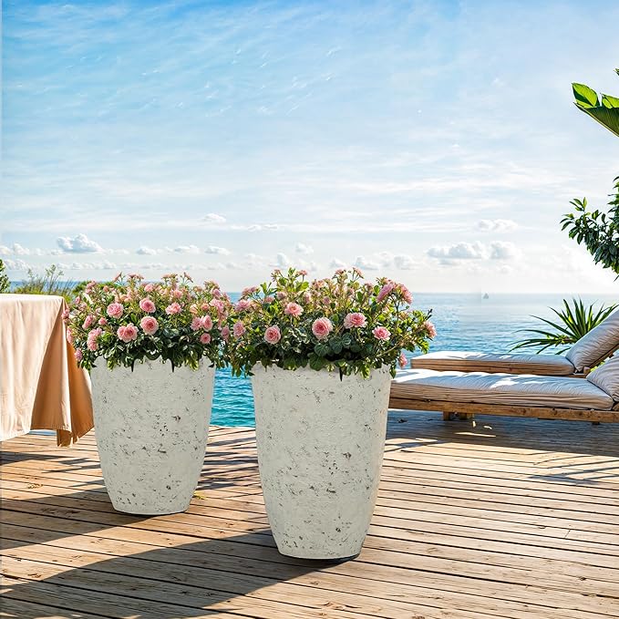 19.5" Resin Tall Planters for Outdoor Plants, Set of 2 Country White Large Flower Pots with Handmade Birch Bark Texture, Heavy-Duty and Weather-Resistant for Year Round Indoor Outdoor use-CasaMuseHome