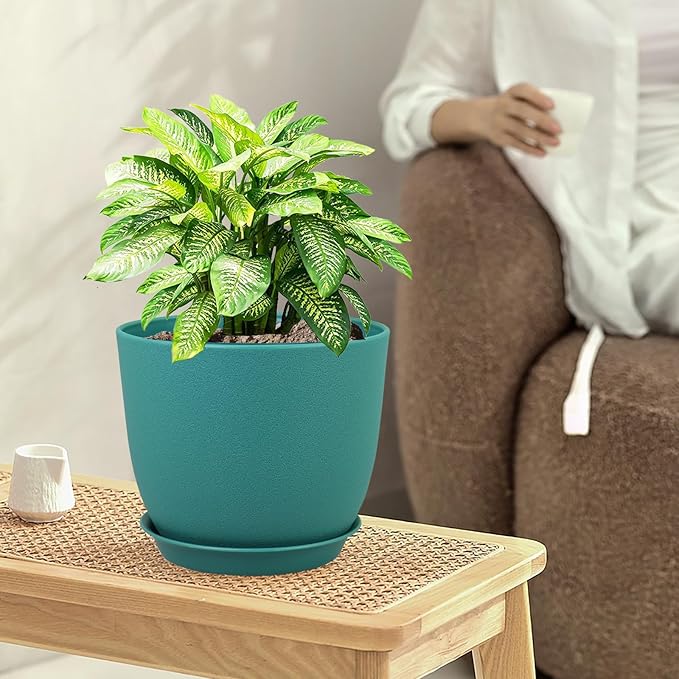 9/8/7.5 inch Flower Pots, 3 Pack Modern Plastic Planters with Drainage Holes and Trays for House Plants, Plant Pots for Indoor Outdoor Plants, Blue Green-CasaMuseHome