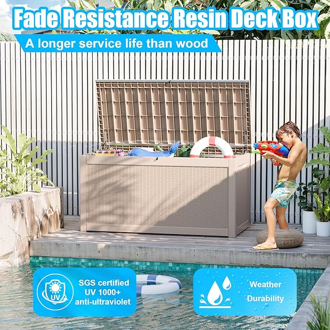 260 Gallon Large Resin Deck Box, Lockable Outdoor Storage Box for Patio Cushions Storage Furniture,Garden Tools, Pool Supplies, Weatherproof and UV Resistant- Grey Rattan (260 Gallon)-CasaMuseHome
