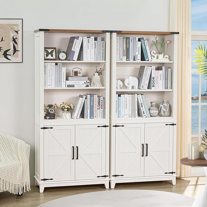 70in Tall Bookshelf 5 Tier Bookcase with Barn Doors and Storage Cabinet, White Farmhouse Book Shelf with Adjustable Shelves, Wood Freestanding Display Bookshelves for Bedroom, Kitchen (3PCS)-CasaMuseHome