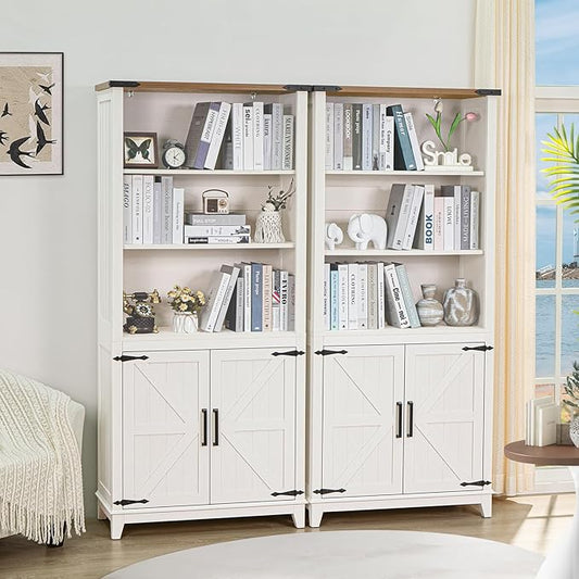 5 Tier Bookshelf 70in Tall Bookcase with Barn Doors and Storage Cabinet, White Farmhouse Book Shelf with Adjustable Shelves, Wood Freestanding Display Bookshelves for Bedroom, Kitchen (2PCS)-CasaMuseHome