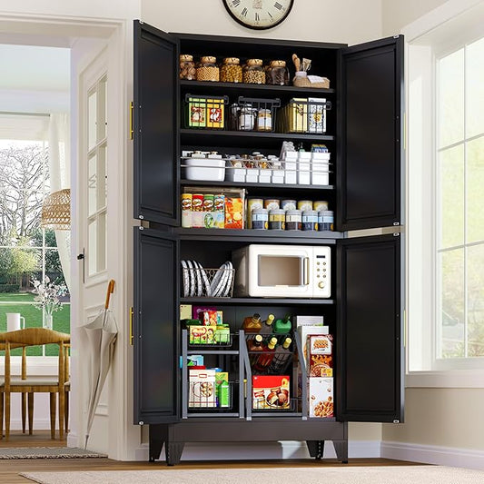 75.2" Tall Metal Pantry Cabinet, Storage Cabinets with 4 Door and 4 Adjustable Shelves, Black Kitchen Pantry Storage Cabinet, Freestanding Cupboard for Kitchen Dining Room Living Room Bathroom-CasaMuseHome