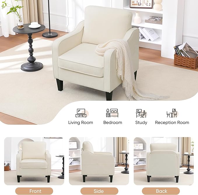 Accent Chair for Living Room, Mid Century Modern Reading Chair for Bedroom, Upholstered Armchair with Side Pockets, Comfy Single Sofa Side Chair for Office, Apartment, Small Room, Beige-CasaMuseHome