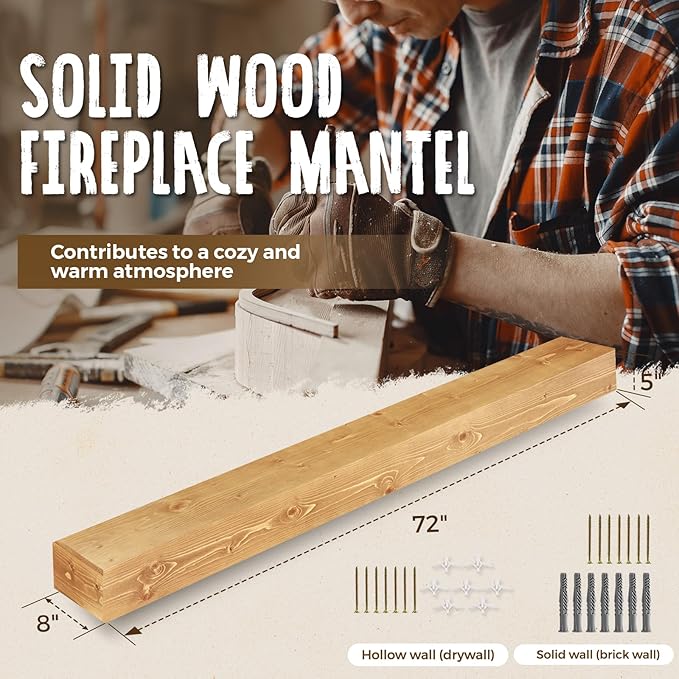 72x8x5 Fireplace Mantel - Handcrafted Rustic Solid Wood Wall Mounted Floating Shelf with Invisible Heavy Duty Wood Bracket (Natural)-CasaMuseHome