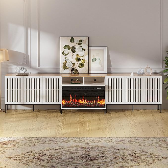 3-Sided Glass Farmhouse Fireplace TV Stand for TVs Up to 110 Inch, Entertainment Center with 36" Electric Fireplace, Antique White TV Console with Storage Cabinets for Living Room-CasaMuseHome