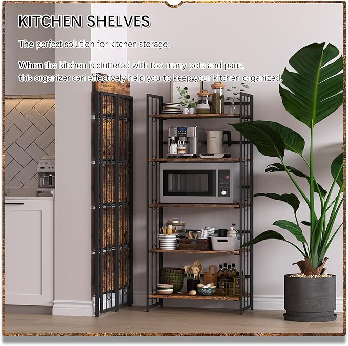 4NM No Assembly 5 Tiers Folding Bookshelf, 59.4" H Foldable Storage Shelves Vintage Bookcase Standing Racks Study Organizer Home Office - Rustic Brown Black-CasaMuseHome