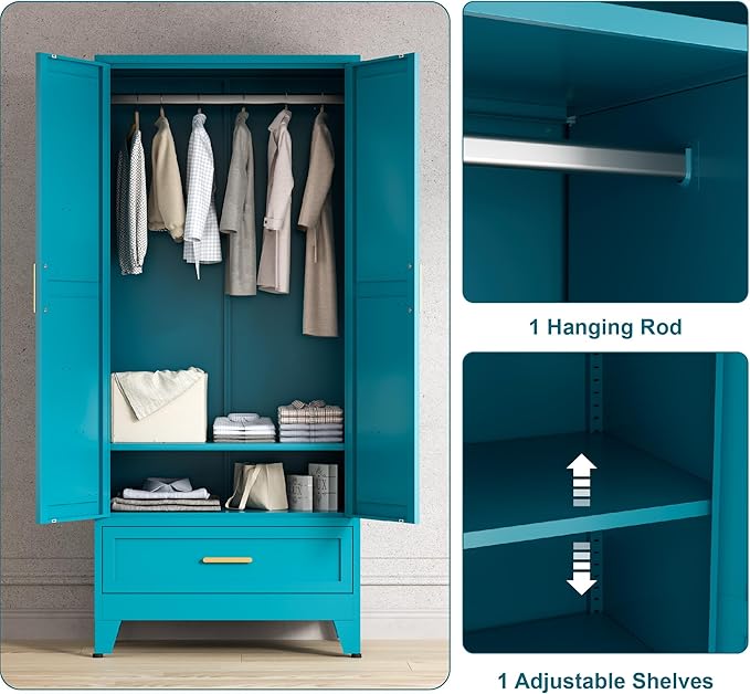 71'' Farmhouse Metal Wardrobe Cabinet with Hanging Rod, 2 Barn Door Wardrobe Closet with Adjustable Shelves,Drawer,for Dining Room,Bedroom,Living Room, Cloak Room,Office (Peacock Blue)-CasaMuseHome