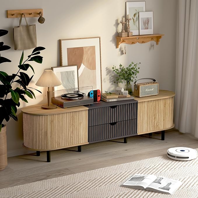 71" Tambour Door TV Stand,Wood Mid Century Modern TV Cabinet for Up to 85“ TV,Curved Edge Long TV Stand with Storage for Bedroom Living Room(Natural, 71inch)-CasaMuseHome