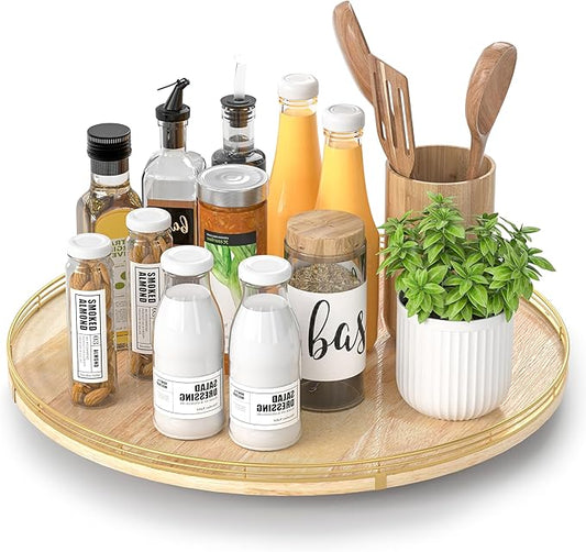 18 Inch Rustic Lazy Susan Turntable – Solid Oak & Iron Wood Rotating Tray for Dining Table, Kitchen Counter, Coffee Table – Farmhouse Style Large Wooden Lazy Susan Organizer for Home Décor-CasaMuseHome