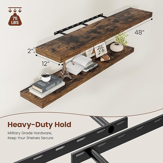 12" Deep Floating Shelves for Wall 48 Inches Long, Heavy Duty Wall Shelves for Bedroom Bathroom Kitchen Laundry Room, Farmhouse Rustic Shelves for Home Decor, 48" X 12" X 2" Set Of 2, Rustic Brown-CasaMuseHome