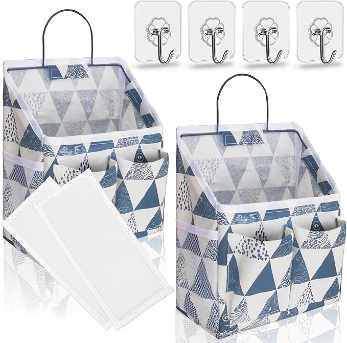 2pcs Small Wall Hanging Organizer Bag, Linen Fabric Door Hanging Storage Basket with Pockets, Waterproof Bin for Kitchen, Bedroom, Office, RV Camper (Triangle)-CasaMuseHome