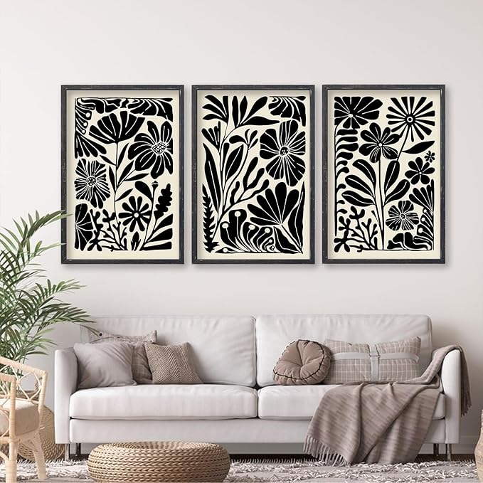 Abstract Floral Botanical Wall Art 16x11 Inch 3 Piece Black Vintage Boho Plant Flower Minimalist Wood Frame Sign Home Living Room Family Office Mid Century Print Wall Hanging Decor (Black)-CasaMuseHome