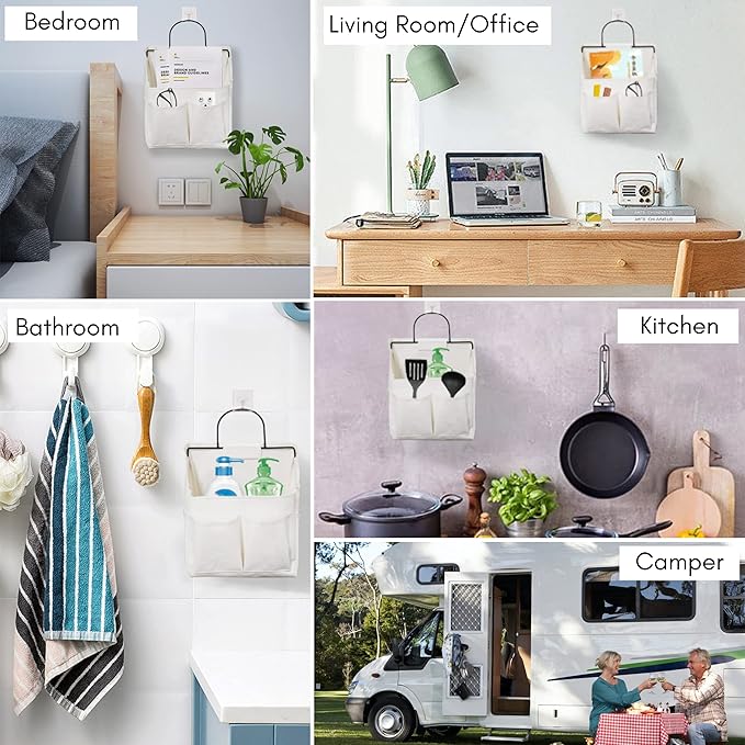 2pcs Small Wall Hanging Organizer Bag, Linen Fabric Door Hanging Storage Basket with Pockets, Waterproof Bin for Kitchen, Bedroom, Office, RV Camper (White)-CasaMuseHome