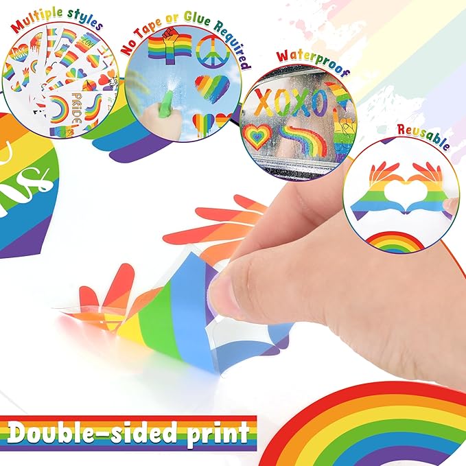 9 Sheets LGBT Rainbow Window Clings, Pride Decorations Window Cling, Gay Love Heart Stickers, Double-Side Pride Wall Clings Decals for Pride Day LGBTQ Rainbow Party Parades Supplies Decor-CasaMuseHome