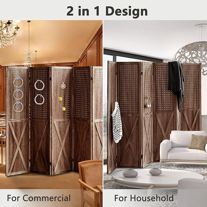 6 Panel Pegboard Room Divider, 5.6Ft Pegboard Display Folding Privacy Screens, Wood Room Divider Peg Board Display Freestanding for Trade Show Craft Show Home Wall Organizer, Brown-CasaMuseHome