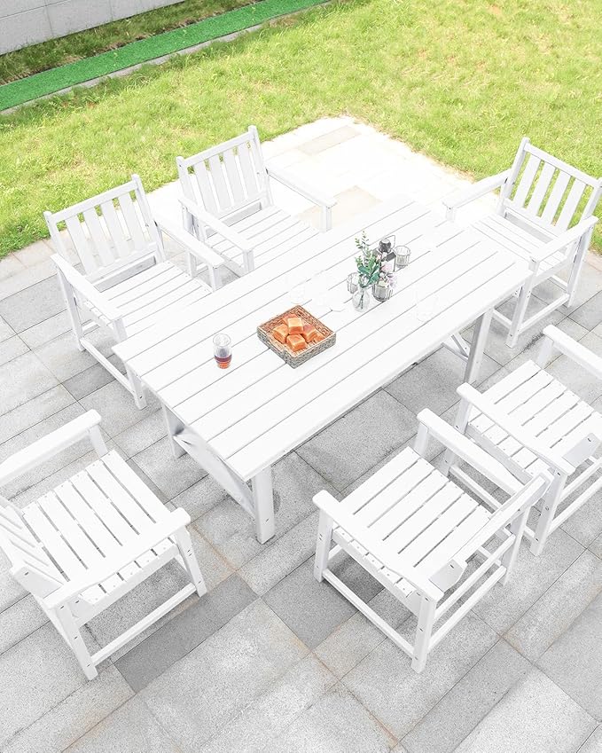7 Pieces HDPE Outdoor Dining Set, Patio Dining Set with Umbrella Hole, All Weather Outdoor Dining Table Sets for 6, HDPE Patio Furniture Sets for Deck, Backyard, Lawn, and Poolside, Pearl-CasaMuseHome