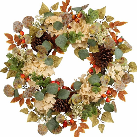 22 in Fall Hydrangea Wreath with Eucalyptus, Pinecones Orange Berries Perfect Autumn Door Wreath for Thanksgiving Harvest Decor - Rustic, Lifelike Durable for Indoor Outdoor Use-CasaMuseHome