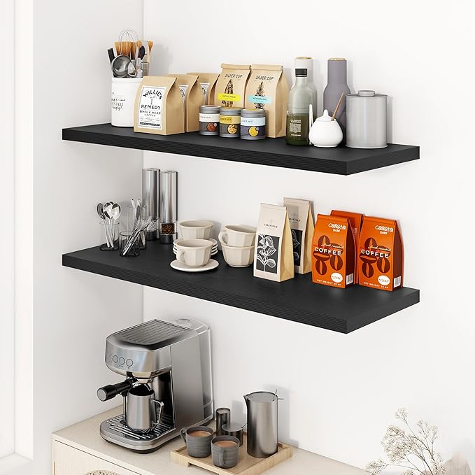 40" Floating Shelves for Wall, 12" Deep Slim Black Floating Shelves, Wall-Mounted Shelves for Bedroom, Living Room, Kitchen, Bathroom - Set of 2-CasaMuseHome