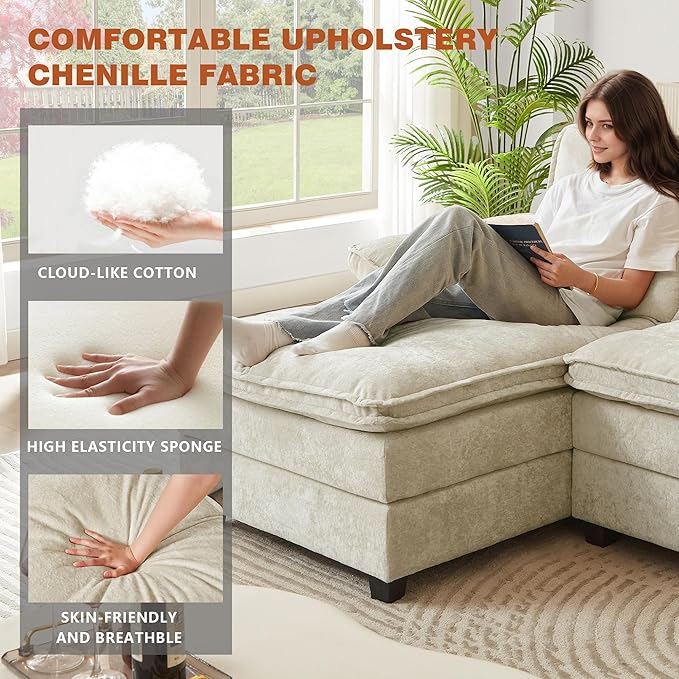 113" Oversized Cloud Couch, U Shape Sectional 4 Seat Sofa with Double Chaises, 2 Layer Cusions, Deep Seat Comfy Sofa, Upholstery Chenille Fabric for Living Room, Beige-CasaMuseHome