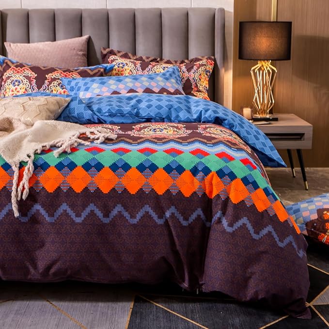 ABREEZE Bohemian Duvet Cover Set Colorful Brown Boho Retro Bedding Set Damask Paisley Cotton Duvet Cover Tribal Reversible Bedding Exotic Style Comforter Cover 3-Piece Queen-CasaMuseHome