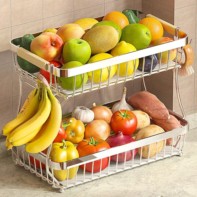 2 Tier Fruit Basket for Kitchen Counter with 2 Banana Hangers, 2025 Pro Detachable Metal Fruit Bowl with Wooden Handle,Fruit Holder for Bread Snack Veggies, Silvery-CasaMuseHome