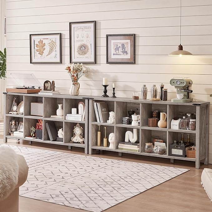 8 Cube Book Shelf, Farmhouse Wood Long Storage Organizer Bookcase, 62" Horizontal Grey Oak Console Closet Bookshelf, Hallway TV Stand for Entryway, Display Cabinet Book Case for Living Room-CasaMuseHome