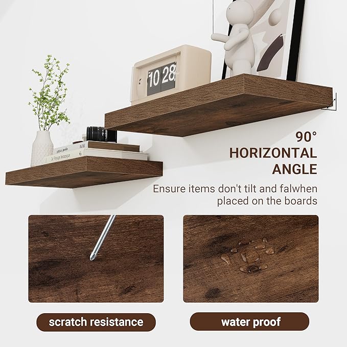 24 Inch Floating Shelves, 24"x9.25"x1.5" Inch Deep Floating Shelves for Wall, Wooden Shelves for Bathroom, Bedroom, Living Room, Brown-CasaMuseHome