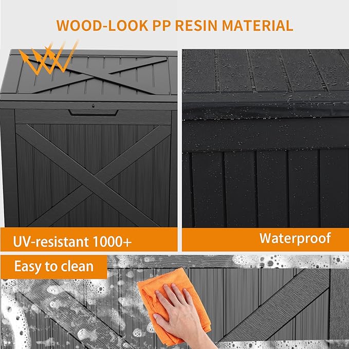 32 Gallon Resin Deck Box, Lockable Outdoor Storage Box for Patio Cushions Storage Furniture,Garden Tools, Pool Supplies, Weatherproof and UV Resistant（Black X）-CasaMuseHome