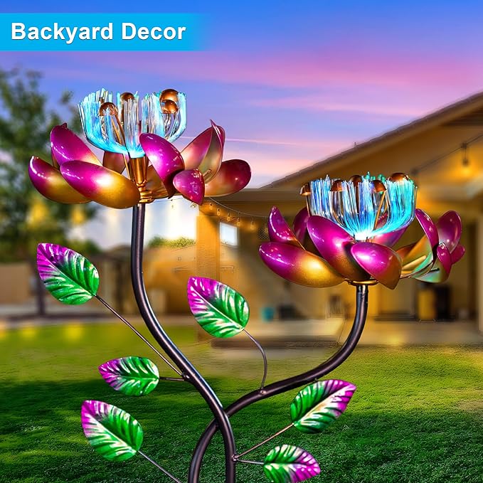 55'' Solar Powered Kinetic Wind Spinner Sculpture Pink Lotus Metal Stake Spinner for Patio, Lawn and Garden Decor Weather-Resistant Outdoor Art with Dual Lotus Design-CasaMuseHome