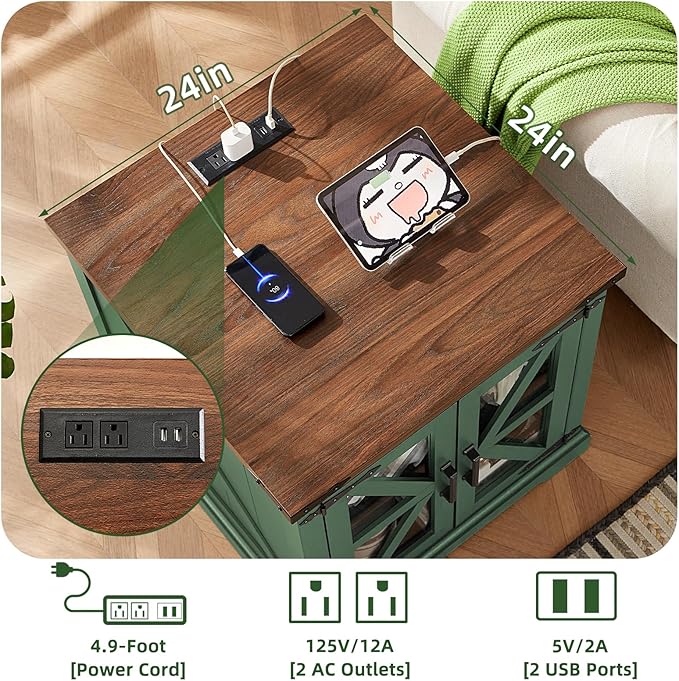 24" End Table Set of 2 with Charging Station, Farmhouse Night Stand with Glass Barn Door, Nightstands with Adjustable Storage Shelf, Large Wood Square Bed Side Table for Living Room, Bedroom-CasaMuseHome