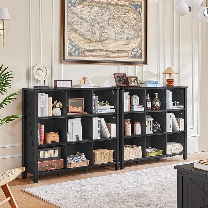 9 Cube Bookcase, Farmhouse 47 Inch Wide Black Bookshelf, Wooden 3 Tier Display Large Open Book Shelf, Vintage Horizontal Book Case for Home Office, Cubby Storage Cabinet for Living Room-CasaMuseHome