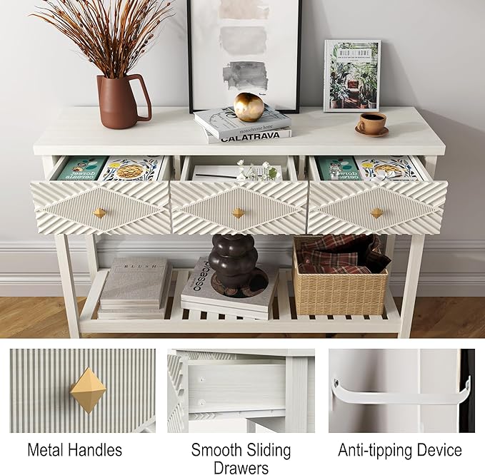 47" Fluted Console Table with 3 Drawers, Narrow Long Entryway Table with Storage Shelf, Sofa Tables for Entryway, Living Room, Behind Couch, Foyer, Hallway, Office (Beige)-CasaMuseHome