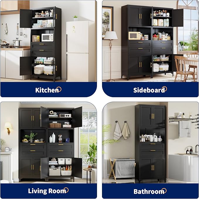 75” Tall Kitchen Pantry Storage Cabinet, Metal Storage Cabinet with 2 Drawers and Adjustable Shelves, Kitchen Pantry Cupboard, Freestanding Cupboard for Bathroom, Living Room(Black)-CasaMuseHome