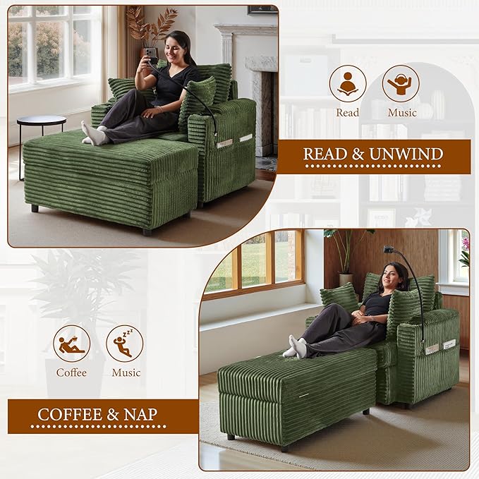 Accent Chair with Storage Ottoman Upholstered Living Room Chairs for Reading Chair with Chaise Lounge Chairs Indoor, Comfortable Armchair for Bedroom-CasaMuseHome