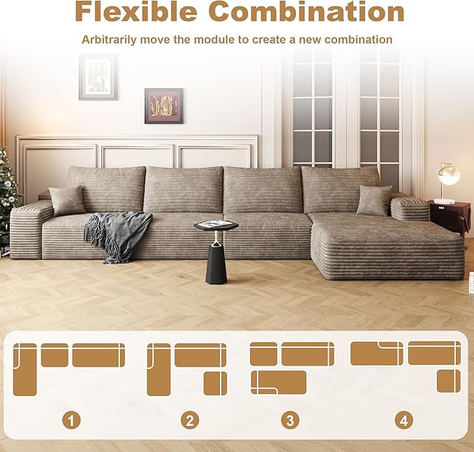 136" Sectional Couches for Living Room Modern Modular Sofa with L-Shape Couchs Upholstered Boneless Couch Deep Seat Sectional Couch with Chaise (Camel, Right Facing Chaise+3Seaters)-CasaMuseHome