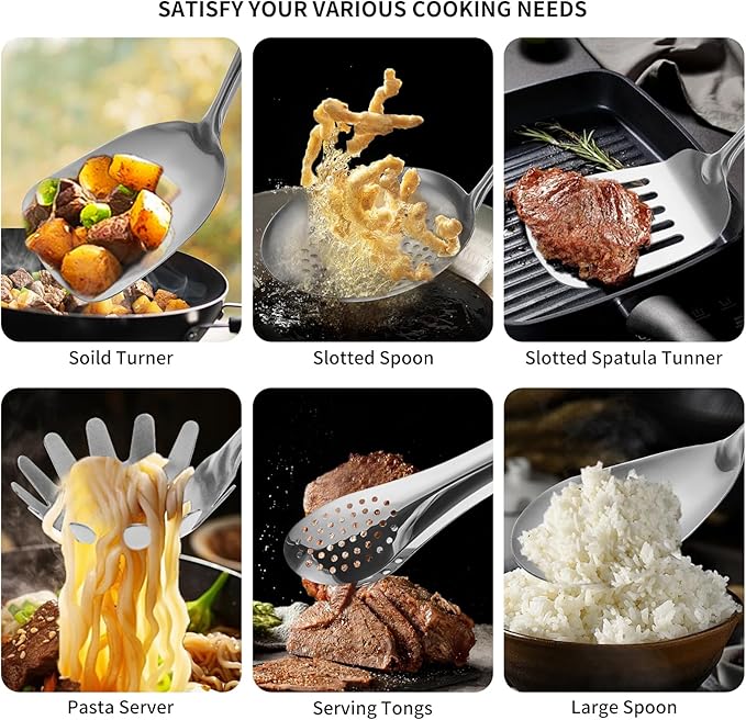 304 Stainlss Steel Kitchen Utensils Set, 12 Pcs Long Metal Cooking Utensil Gadgets Tools Set with Spatula, Ladle, Spoon, Ladle, Skimmer, Tunner, Pasta Server, Tongs(Silver, Dishwasher Safe)-CasaMuseHome