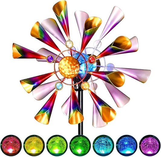 54'' Wind Spinners Outdoor Solar Garden Decor Light - Unique Metal Stake Colorful Windmill, Durable Waterproof Design for Garden, Lawn, Patio-CasaMuseHome