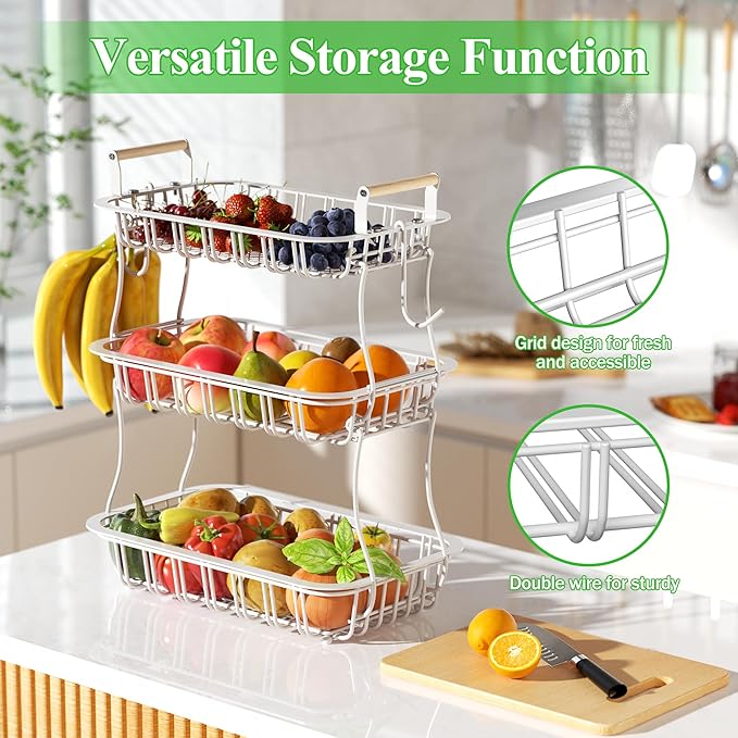 3 Tier Fruit Basket with 2 Banana Hooks, Large Capacity Multifunctional Detachable Sturdy Fruit Bowl with Wooden Handle Mesh Top for Kitchen Counter, for Bread Snacks Vegetables Produce, White-CasaMuseHome