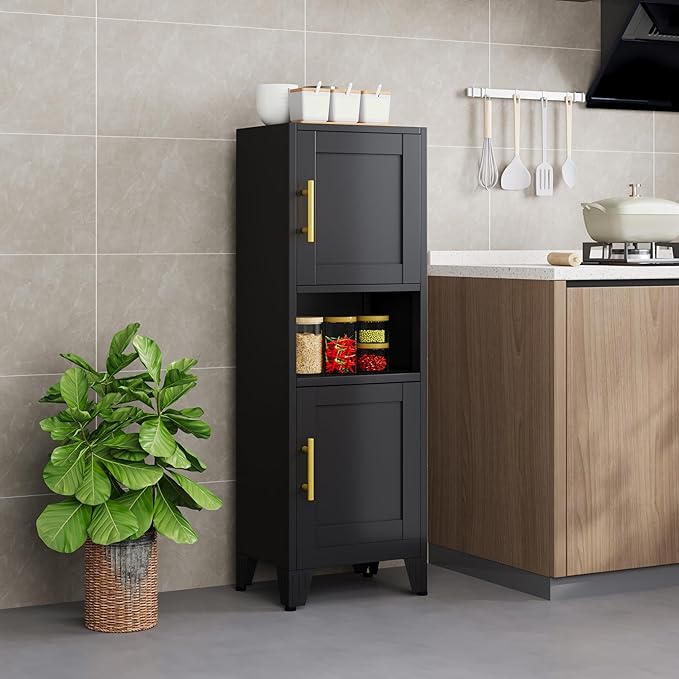 47.24" H Metal Narrow Bathroom Storage Cabinet Pantry Storage Cabinet, 2 Adjustable Shelves for Kitchen, Home Office, Living Room, Dinning Room (Black)-CasaMuseHome