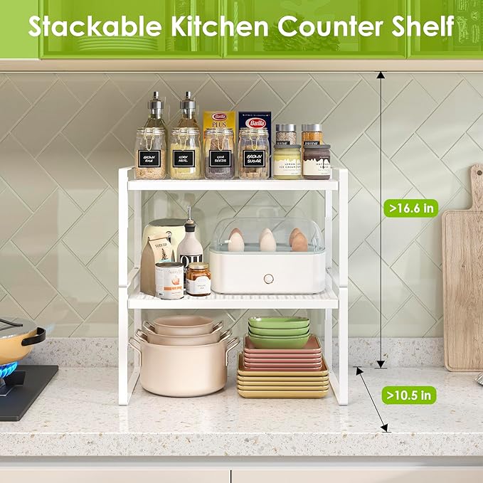 2 Pack Kitchen Countertop Organizer, Stackable Cabinet Shelf Organizer, 2 Tier Adjustable Kitchen Counter Shelves Riser For Pantry Cupboard Bathroom Organization And Storage, Desk Shelf,Spice Rack-CasaMuseHome