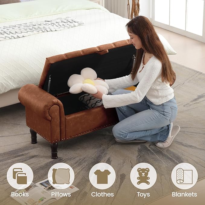 51" Storage Ottoman Bench for Bedroom, Full Queen Storage Bench with Button, Upholstered Bedroom Bench with Rolled Arms for Living Room, Storage Room, Entryway, Brown-CasaMuseHome
