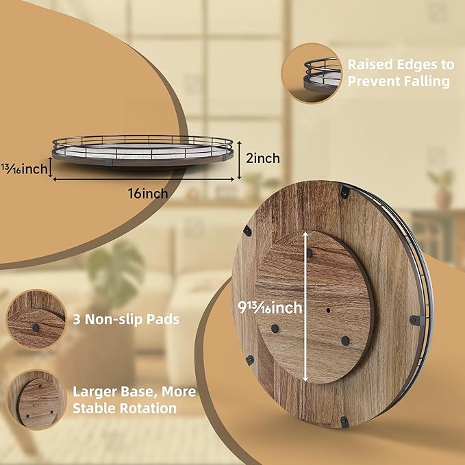Acacia Wood 16" Lazy Susan Turntable Organizer for Table Top, Farmhouse Large Round Lazy Susan for Cabinet Kitchen Centerpieces Dining Table, for Condiments Charcuterie, Bathroom Vanity Tray Decor-CasaMuseHome
