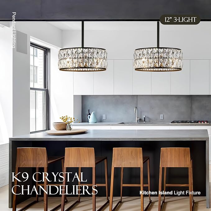 12” 3-Light Modern Crystal Chandeliers Black Dinning Room Light Fixture with Two Poles, Round Pendant Light Kitchen Island Chandelier, Flush Mount Ceiling Light for Living Room Entryway-CasaMuseHome