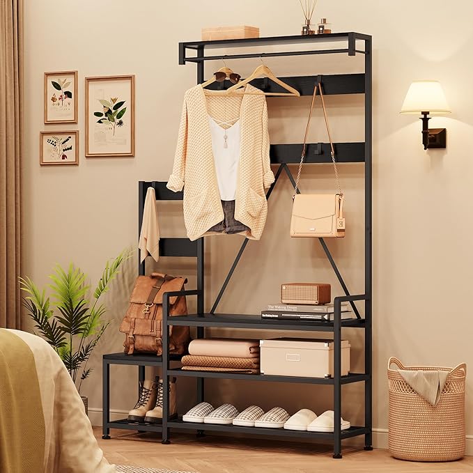 IDEALHOUSE Parent-Child Coat Rack Shoe Bench Hall Tree with Bench and Shoe Storage Industrial Coat Tree Entryway Large Organizer with Shoe Rack, Storage Cubbies, Hooks, and Top Shelf-CasaMuseHome