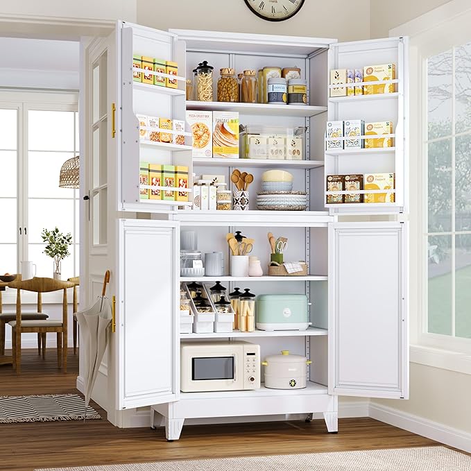 74.8" Tall Metal Food Cabinet, White Kitchen Pantry Cabinet, Storage Cabinets with 4 Door and 4 Adjustable Shelves, Steel Freestanding Cupboard for Kitchen Dining Room Living Room Bathroom-CasaMuseHome