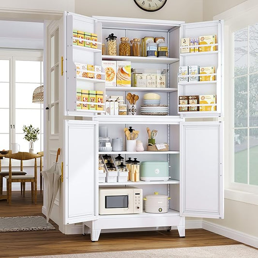 74.8" Tall Metal Food Cabinet, White Kitchen Pantry Cabinet, Storage Cabinets with 4 Door and 4 Adjustable Shelves, Steel Freestanding Cupboard for Kitchen Dining Room Living Room Bathroom-CasaMuseHome