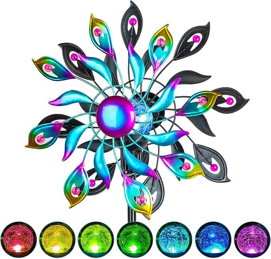 51.9" Peacock Solar Wind Spinner Outdoor Decor – Waterproof LED Lighted Garden Art with Adjustable Metal Pole, IP65 Weather Resistant for Yard, Patio-CasaMuseHome